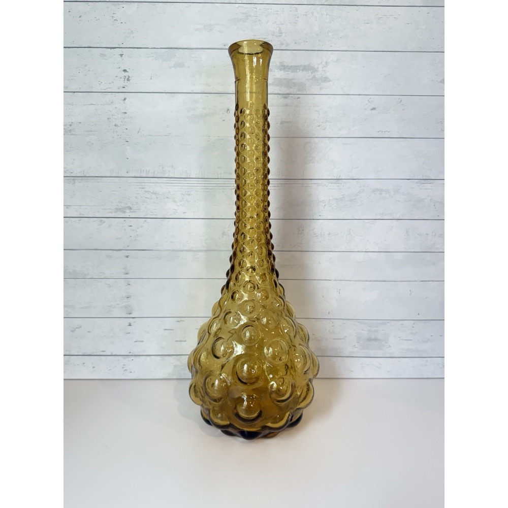 Vintage Amber Glass Genie Bottle Vase 14" Bubble Bullseye MCM Retro Decor